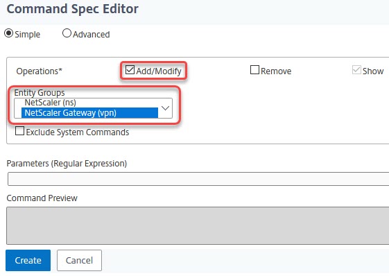 NetScaler command policies using the command spec editor