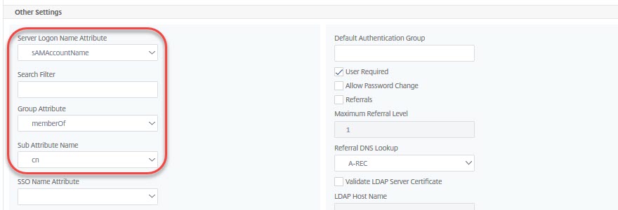 NetScaler LDAP authentication settings