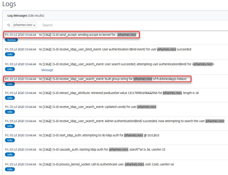 NetScaler: LDAP authentication logs