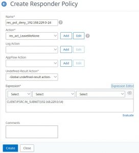 A sample Citrix ADC/NetScaler responder policy, denying access for a subnet